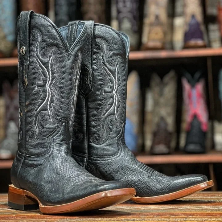 Men's western boots with a leather - wrapped heel and a smooth finishTanner Mark Men's Genuine Smooth Ostrich Square Toe Boots Black TMX200185 Men's western boots with a leather - wrapped heel and a smooth finishTanner Mark Men's Genuine Smooth Ostrich Square Toe Boots Black TMX200185