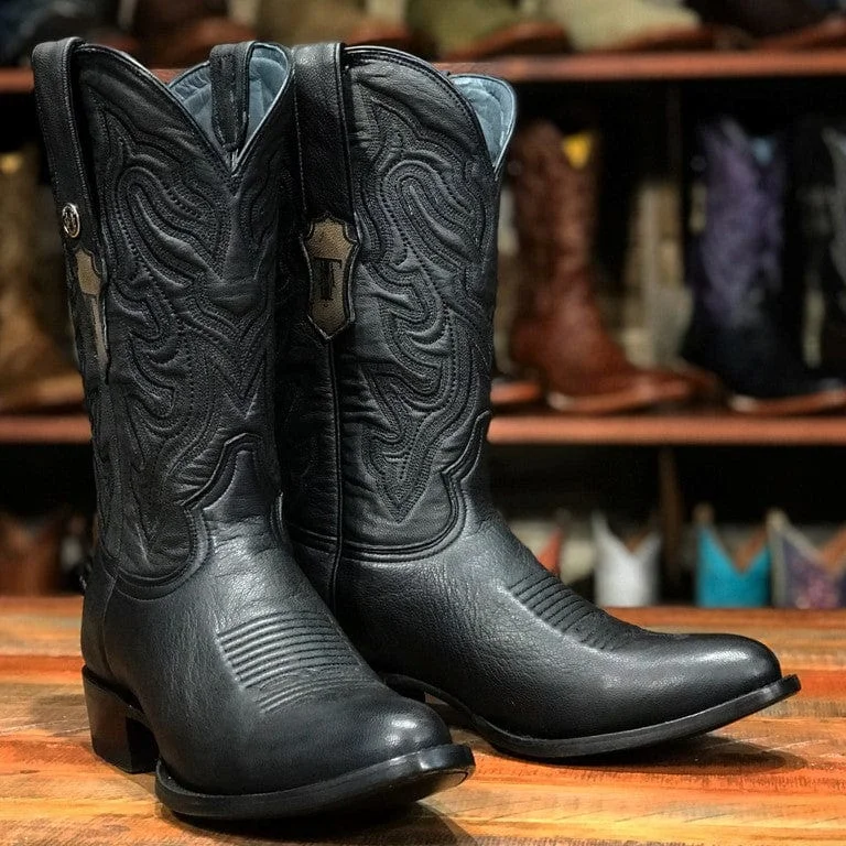 Men's western boots with a concho - studded strap and a pointed toeTanner Mark Men's The Hudson J-Toe Leather Boots Kabul Black TM201272 Men's western boots with a concho - studded strap and a pointed toeTanner Mark Men's The Hudson J-Toe Leather Boots Kabul Black TM201272