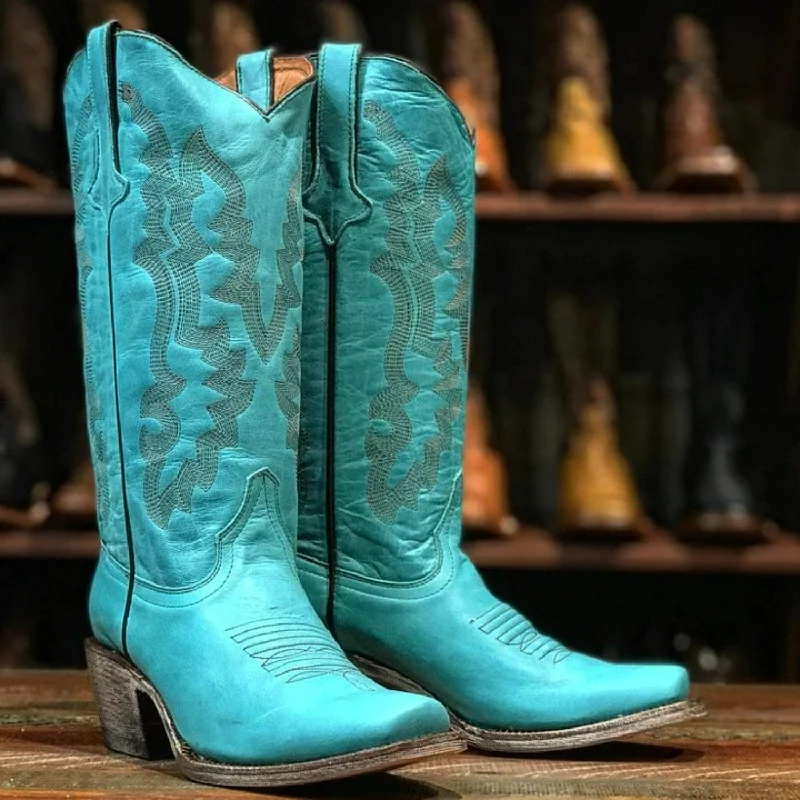 Men's western boots with a silver - toned hardware and accentsTanner Mark Women's Addy Square Toe Leather Boots Turquoise TML205128