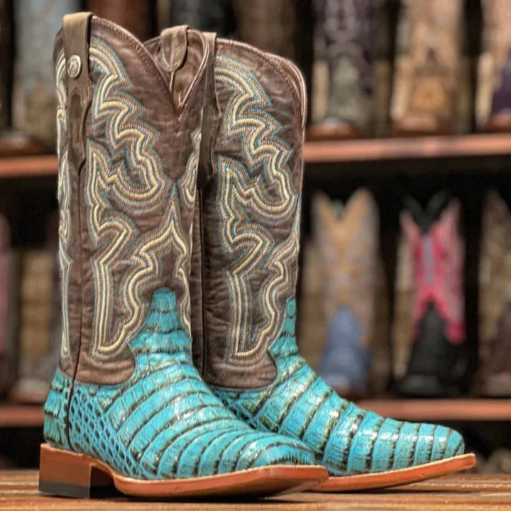 Men's western boots with a scalloped edge and a pull - on strapTanner Mark Women's 'Agave Sky' Print Caiman Belly Square Toe Boots Turquoise TML207070 Men's western boots with a scalloped edge and a pull - on strapTanner Mark Women's 'Agave Sky' Print Caiman Belly Square Toe Boots Turquoise TML207070