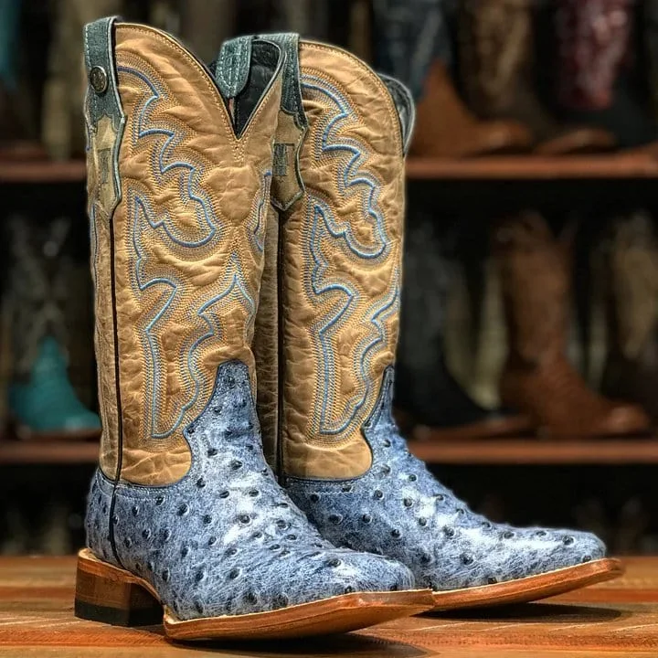 Men's western boots with a distressed leather finish for a rugged lookTanner Mark Women's 'Bluebonnet' Ostrich Print Square Toe Boots Blue Denim TML207061 Men's western boots with a distressed leather finish for a rugged lookTanner Mark Women's 'Bluebonnet' Ostrich Print Square Toe Boots Blue Denim TML207061