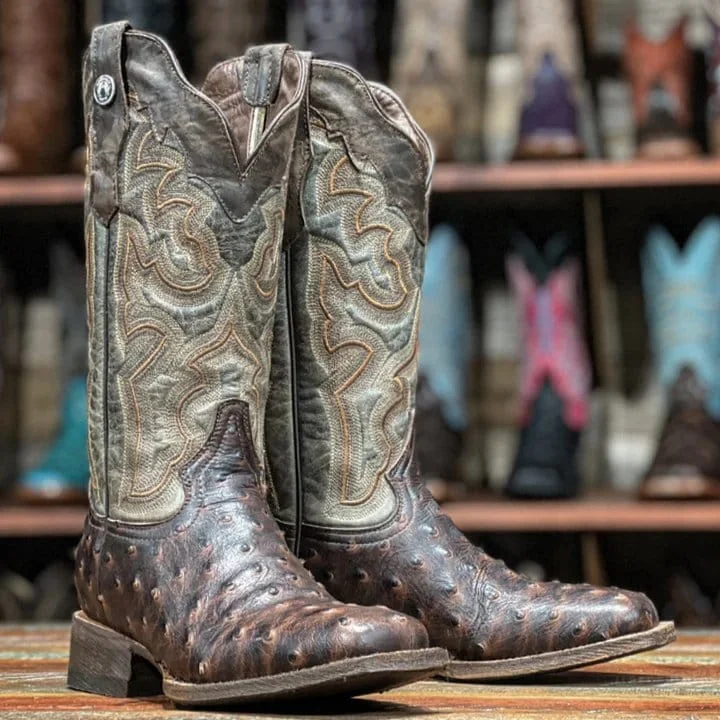 Men's western boots with a decorative inlay on the toe and heelTanner Mark Women's 'Brooke' Ostrich Print Square Toe Boots Chocolate TML205526 Men's western boots with a decorative inlay on the toe and heelTanner Mark Women's 'Brooke' Ostrich Print Square Toe Boots Chocolate TML205526