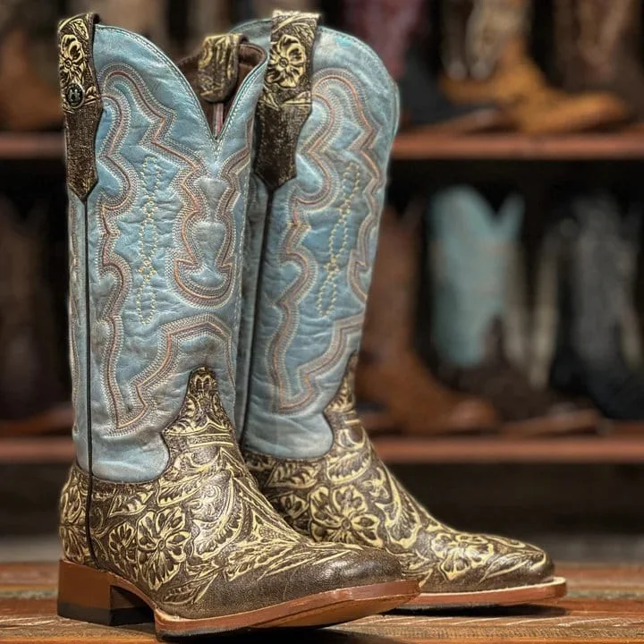 Vintage - style men's western boots with a square toe and spur ledgeTanner Mark Women's Hand Tooled Square Toe Leather Boots Brown TML207098 Vintage - style men's western boots with a square toe and spur ledgeTanner Mark Women's Hand Tooled Square Toe Leather Boots Brown TML207098