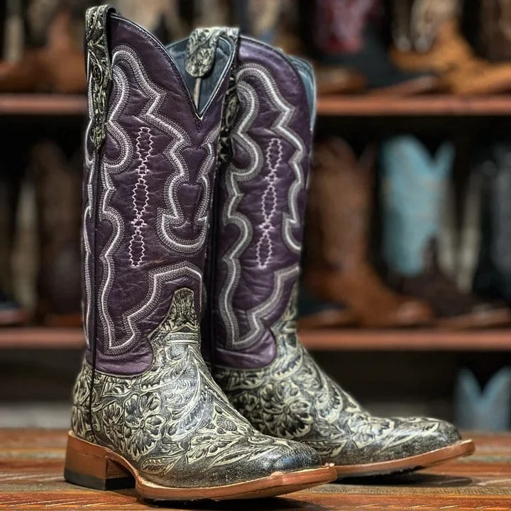 Men's western boots with a rubber sole for traction on various surfacesTanner Mark Women's Hand Tooled Square Toe Leather Boots Charcoal TML207096 Men's western boots with a rubber sole for traction on various surfacesTanner Mark Women's Hand Tooled Square Toe Leather Boots Charcoal TML207096