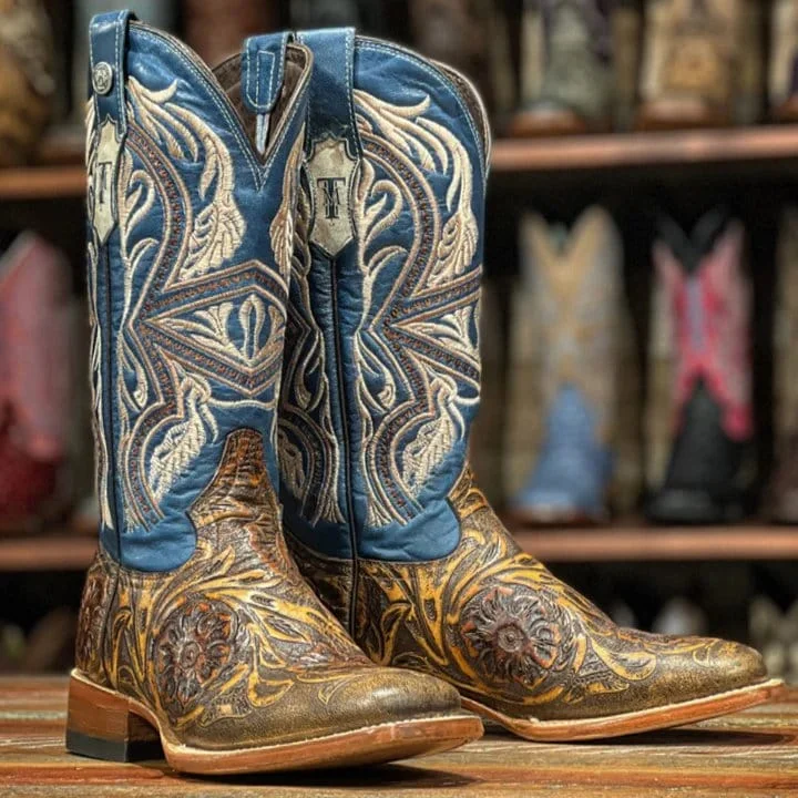 Vintage - style men's western boots with a square toe and spur ledgeTanner Mark Women's Jaw Dropper Hand Tooled Square Toe Leather Boots Cognac TML207088 Vintage - style men's western boots with a square toe and spur ledgeTanner Mark Women's Jaw Dropper Hand Tooled Square Toe Leather Boots Cognac TML207088