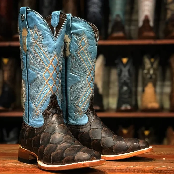 Alligator - embossed men's western boots for a bold statementTanner Mark Women's 'Kaci Mae' Print Monster Fish Square Toe Boots Choco TML207072 Alligator - embossed men's western boots for a bold statementTanner Mark Women's 'Kaci Mae' Print Monster Fish Square Toe Boots Choco TML207072