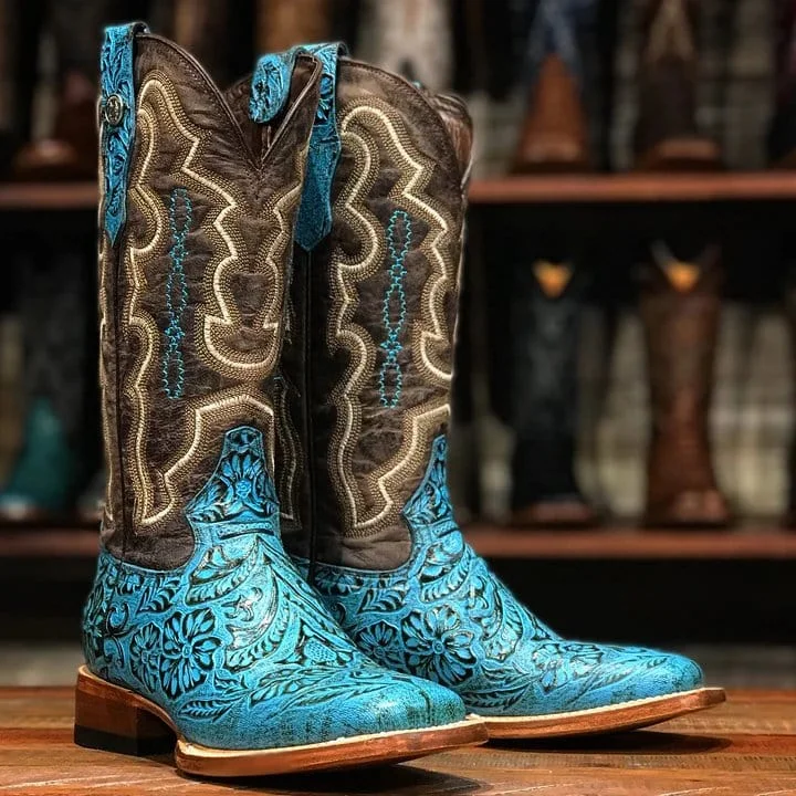 Men's western boots with a high - quality leather upper and a suede liningTanner Mark Women's 'Misty" Hand Tooled Square Toe Leather Boots Turquoise TML207067 Men's western boots with a high - quality leather upper and a suede liningTanner Mark Women's 'Misty" Hand Tooled Square Toe Leather Boots Turquoise TML207067