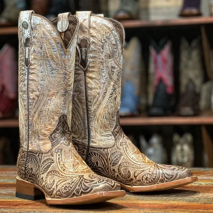 Men's western boots with a suede shaft and a leather soleTanner Mark Women's Mocha-Chino Hand Tooled Square Toe Leather Boots Mocha TML207077 Men's western boots with a suede shaft and a leather soleTanner Mark Women's Mocha-Chino Hand Tooled Square Toe Leather Boots Mocha TML207077