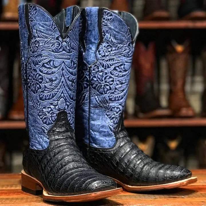 Vintage - style men's western boots with a square toe and spur ledgeTanner Mark Women's Print Caiman Belly Square Toe Boots Black TML207103 Vintage - style men's western boots with a square toe and spur ledgeTanner Mark Women's Print Caiman Belly Square Toe Boots Black TML207103