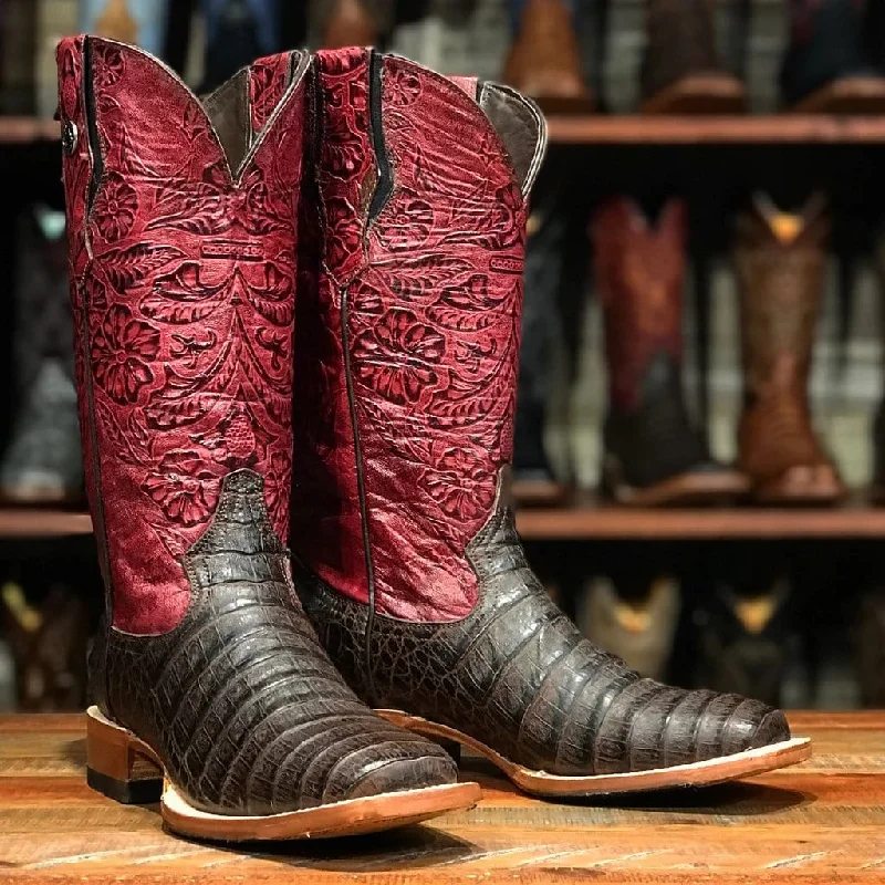 Men's western boots with a tooled leather design on the shaftTanner Mark Women's Print Caiman Belly Square Toe Boots Brown TML207104 Men's western boots with a tooled leather design on the shaftTanner Mark Women's Print Caiman Belly Square Toe Boots Brown TML207104