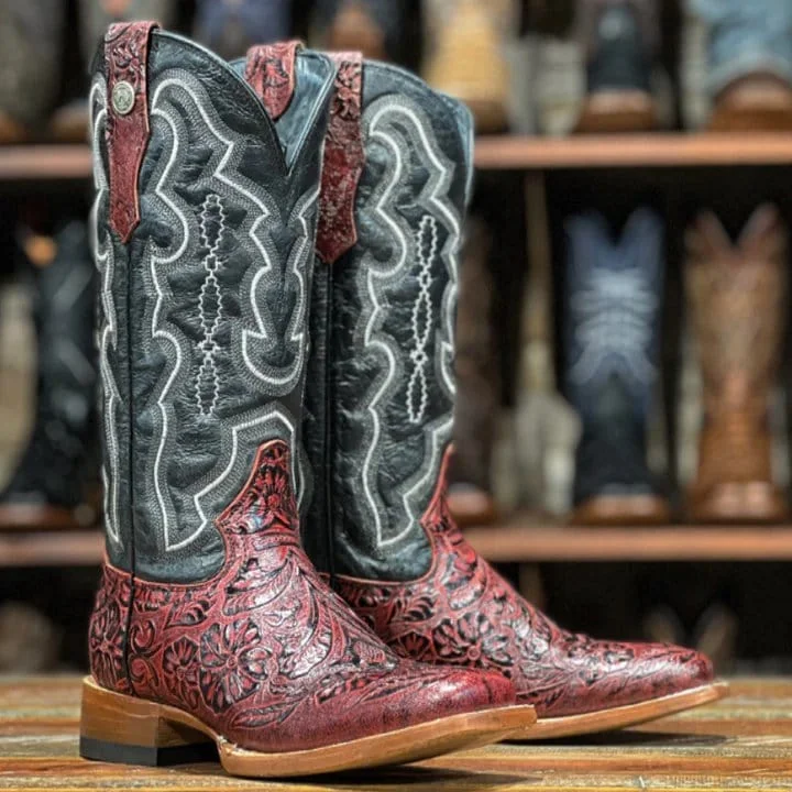 Men's western boots with a decorative concho belt and buckleTanner Mark Women's 'Rebecca" Hand Tooled Square Toe Leather Boots Red TML207065 Men's western boots with a decorative concho belt and buckleTanner Mark Women's 'Rebecca" Hand Tooled Square Toe Leather Boots Red TML207065