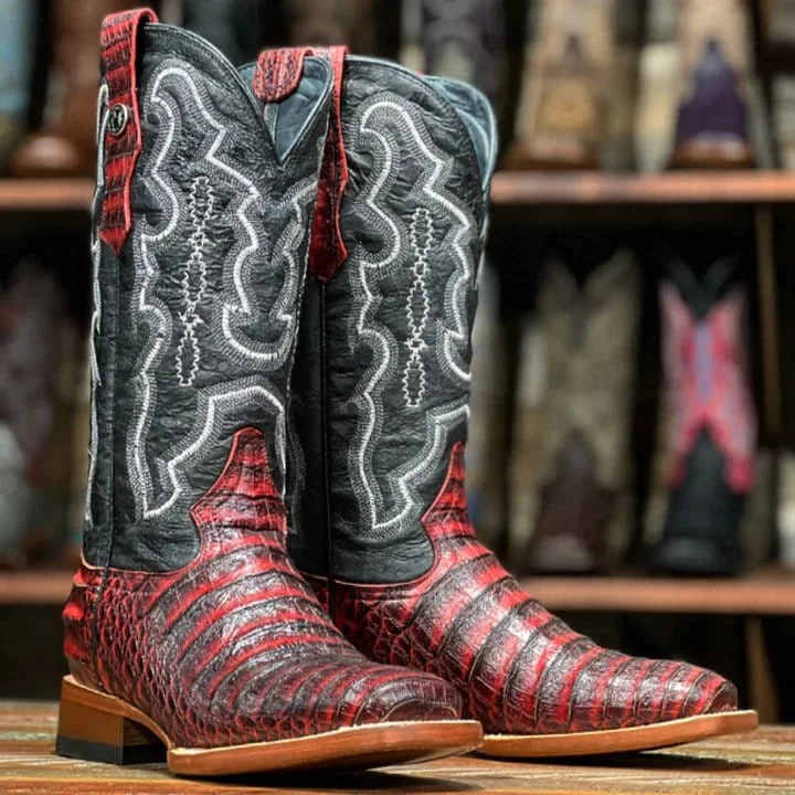 Men's western boots with a high - heeled design and a pointed toeTanner Mark Women's 'Scarlet' Print Caiman Belly Square Toe Boots Burgundy TML207069 Men's western boots with a high - heeled design and a pointed toeTanner Mark Women's 'Scarlet' Print Caiman Belly Square Toe Boots Burgundy TML207069