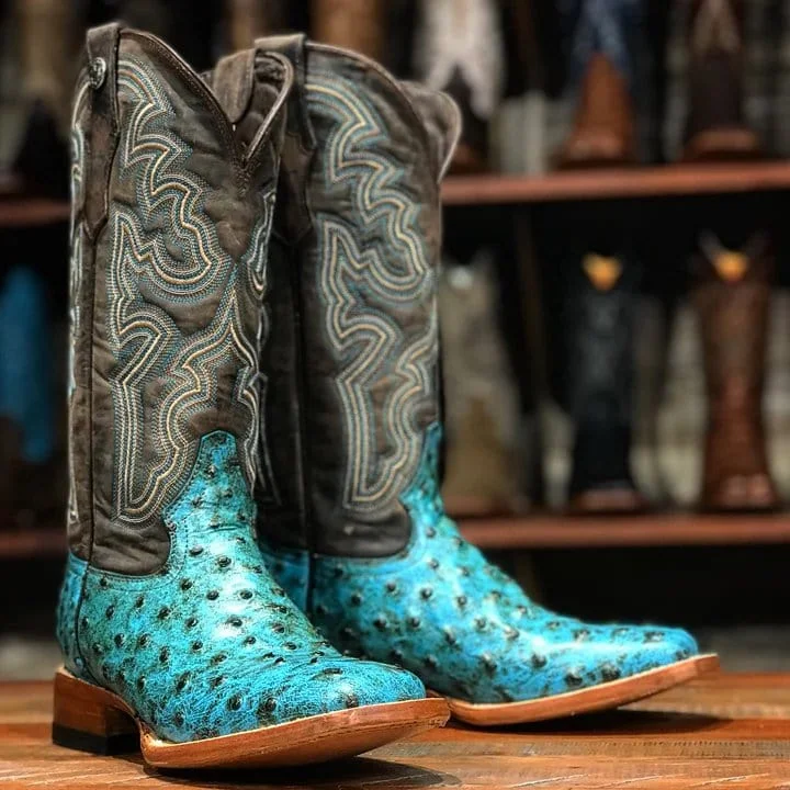 Men's western boots with a leather - wrapped heel and a smooth finishTanner Mark Women's 'Sweetwater' Ostrich Print Square Toe Boots Turquoise TML207060 Men's western boots with a leather - wrapped heel and a smooth finishTanner Mark Women's 'Sweetwater' Ostrich Print Square Toe Boots Turquoise TML207060