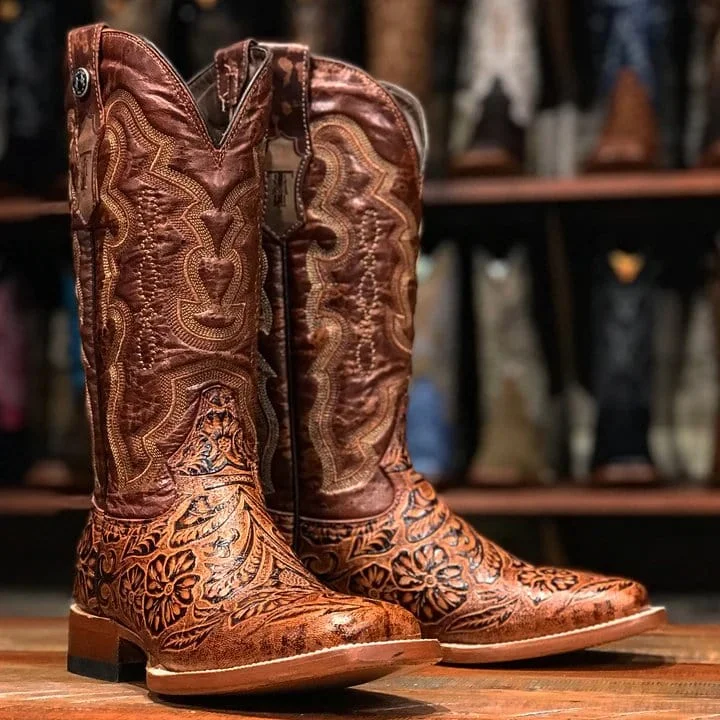 Men's western boots with a leather - wrapped heel and a smooth finishTanner Mark Women's 'Wildfire' Hand Tooled Square Toe Leather Boots Cognac TML201760 Men's western boots with a leather - wrapped heel and a smooth finishTanner Mark Women's 'Wildfire' Hand Tooled Square Toe Leather Boots Cognac TML201760
