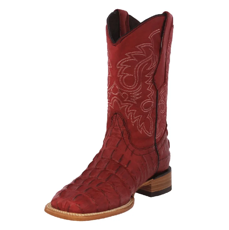 Men's cowboy boots with a snake - skin textureMens Red Alligator Tail Print Leather Cowboy Boots Square Toe Men's cowboy boots with a snake - skin textureMens Red Alligator Tail Print Leather Cowboy Boots Square Toe