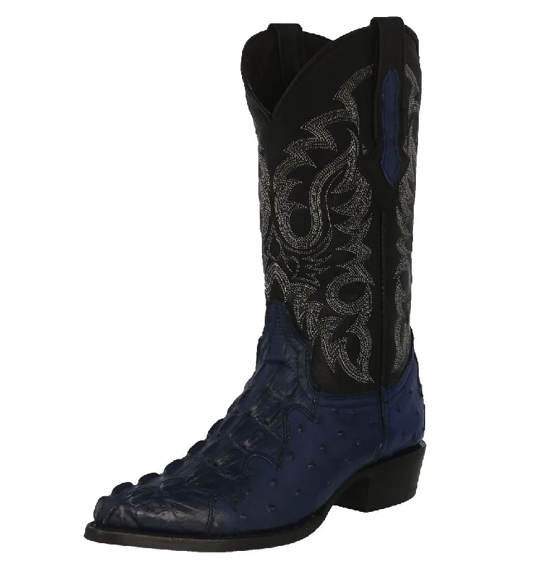 Men's cowboy boots with a distressed leather finishMens Denim Blue Crocodile & Ostrich Print Leather Cowboy Boots J Toe Men's cowboy boots with a distressed leather finishMens Denim Blue Crocodile & Ostrich Print Leather Cowboy Boots J Toe