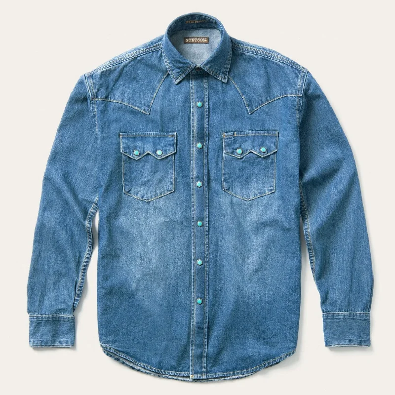 Men's western boots with a decorative inlay on the toe and heelTurquoise Snap Western Denim Shirt Men's western boots with a decorative inlay on the toe and heelTurquoise Snap Western Denim Shirt