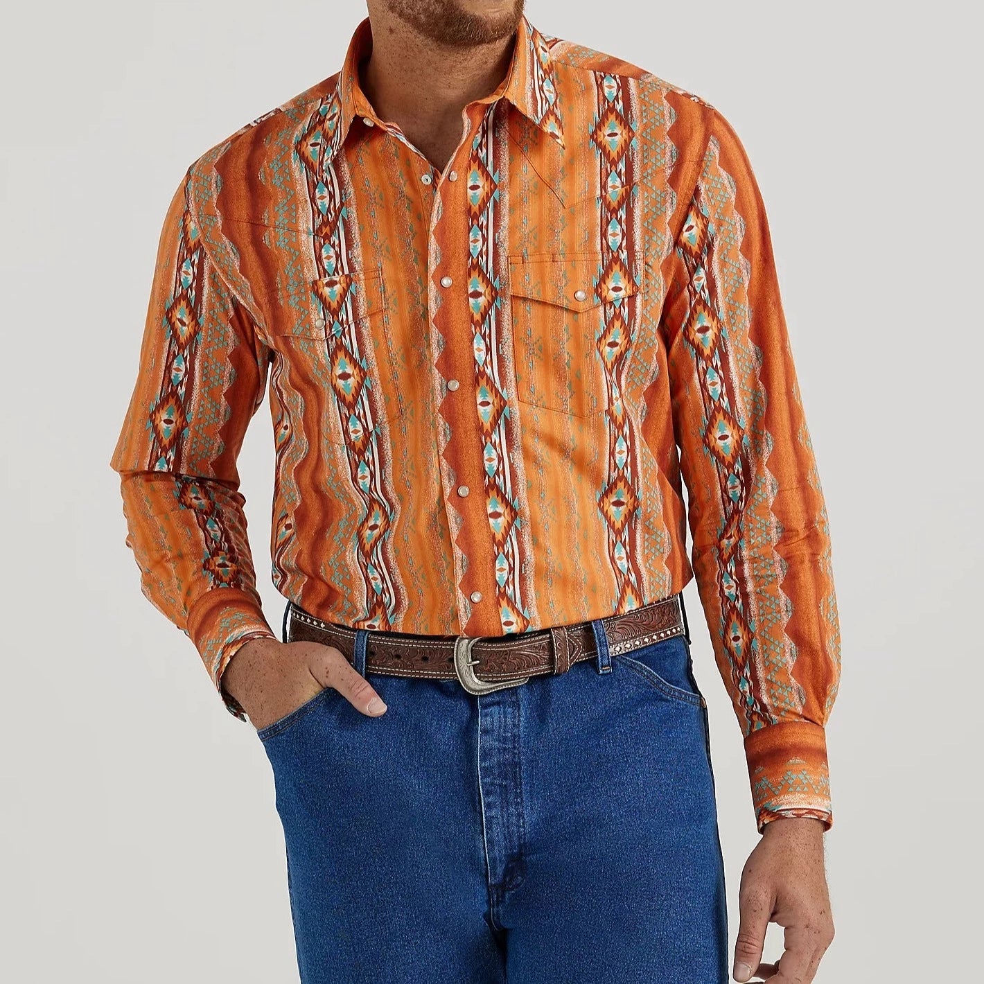 Vintage - style men's western boots with a square toe and spur ledgeWrangler Men's Checotah L/S Western Snap Shirt in Southwestern Rust Vintage - style men's western boots with a square toe and spur ledgeWrangler Men's Checotah L/S Western Snap Shirt in Southwestern Rust