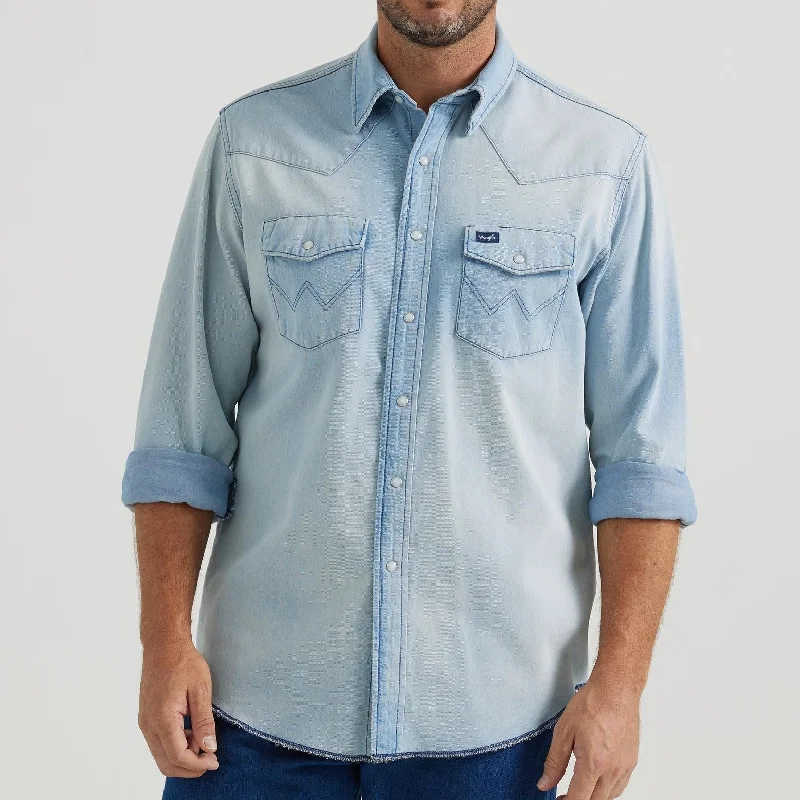 Men's western boots with a decorative concho belt and buckleWrangler Men's Vintage Inspired Long Sleeve Denim Western Snap Work Shirt in Light Wash Men's western boots with a decorative concho belt and buckleWrangler Men's Vintage Inspired Long Sleeve Denim Western Snap Work Shirt in Light Wash