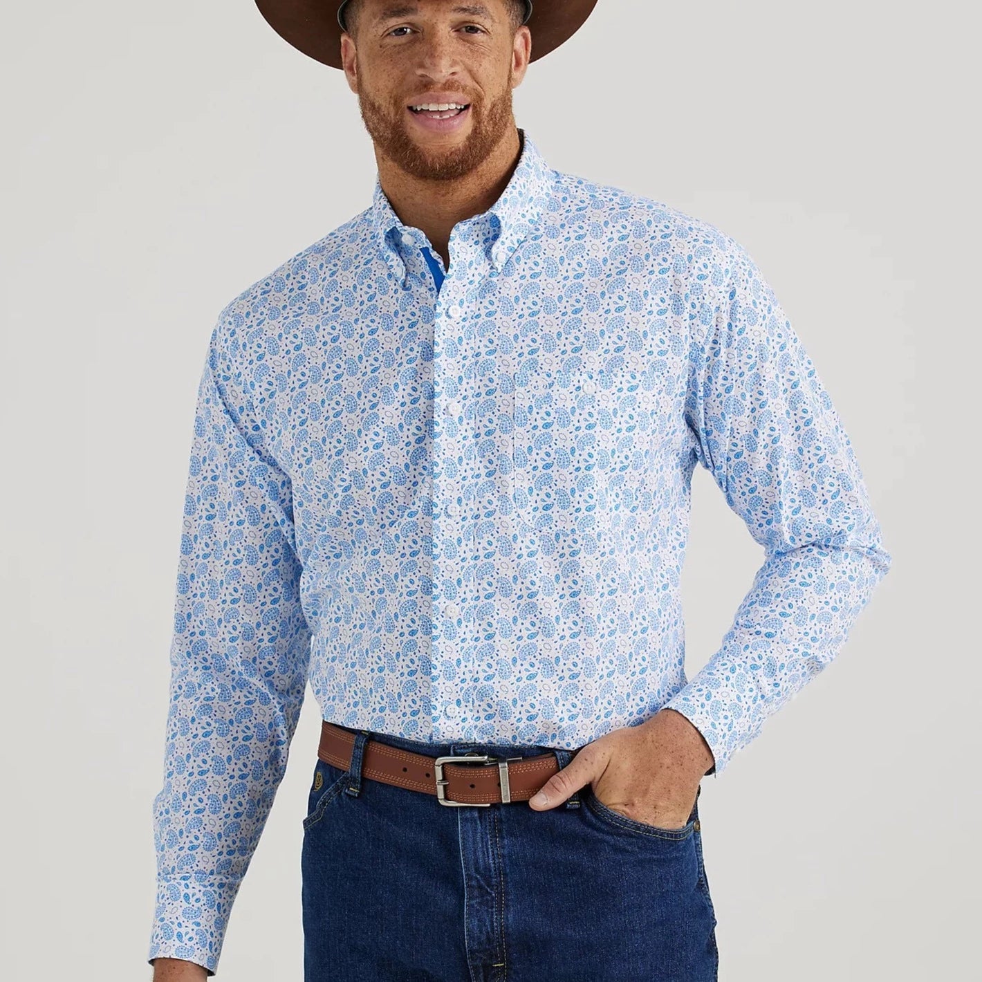 Men's western boots with a scalloped edge and a pull - on strapWrangler Men's George Strait Long Sleeve Button Down Shirt in Marine Paisley Men's western boots with a scalloped edge and a pull - on strapWrangler Men's George Strait Long Sleeve Button Down Shirt in Marine Paisley
