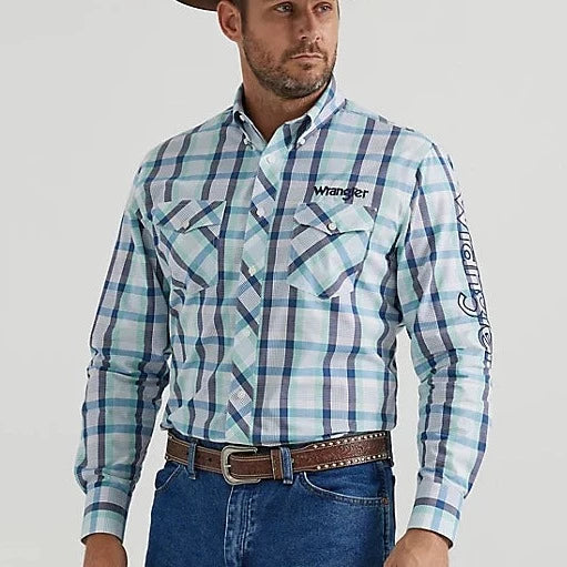 Men's western boots with a concho - studded strap and a pointed toeWrangler Men's Logo Long Sleeve Western Button Down Shirt in Lark Plaid Men's western boots with a concho - studded strap and a pointed toeWrangler Men's Logo Long Sleeve Western Button Down Shirt in Lark Plaid