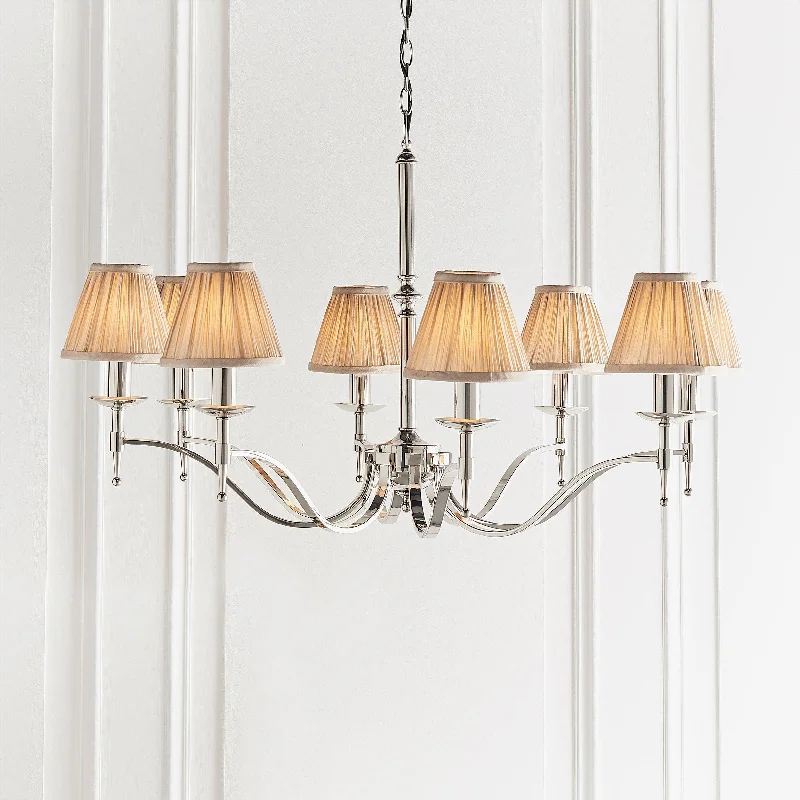 Large Chandeliers for Grand Halls and FoyersStanford 8 Light Polished Nickel Chandelier with Beige Shades