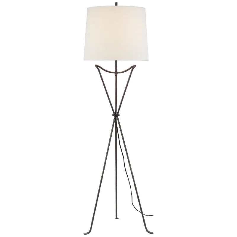 Glass Floor Lamp with Frosted Shades for Soft Diffused LightNeith Large Tripod Floor Lamp in Aged Iron with Linen Shade